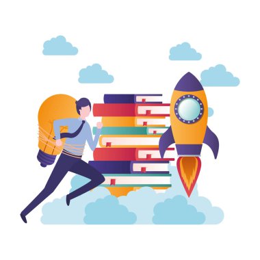 kitap avatar karakter yığını ile çalışan işadamı