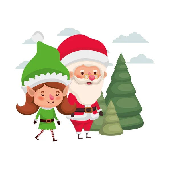 Santa claus with elf woman moving with christmas trees — Stock Vector