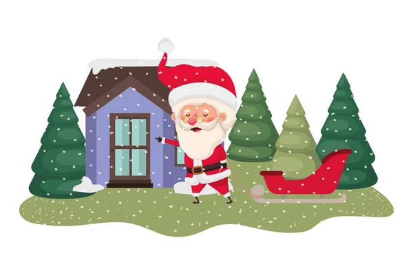 房子与松树落雪和圣诞老人 — 图库矢量图片