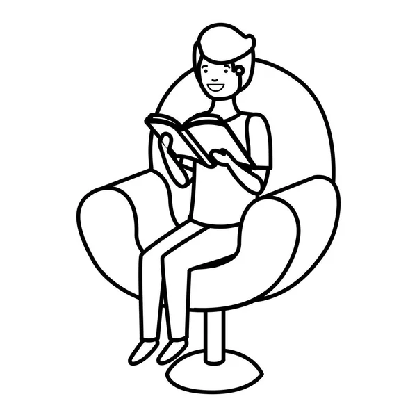 Man lezing boek in de sofa avatar karakter — Stockvector