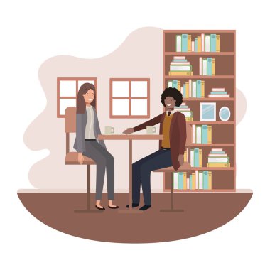 Oturma odasında kahve içen çift.