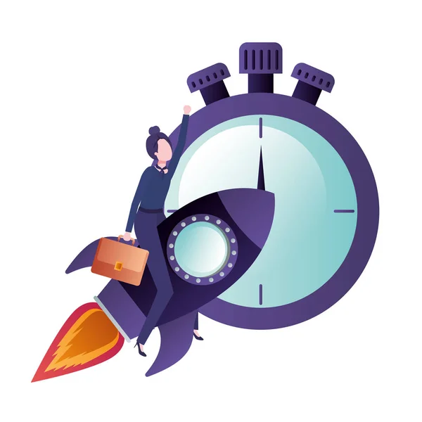 Femme d'affaires sur fusée et horloge avatar personnage — Image vectorielle