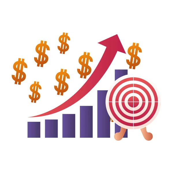 Gráfico de barras con el objetivo disparando icono aislado — Archivo Imágenes Vectoriales
