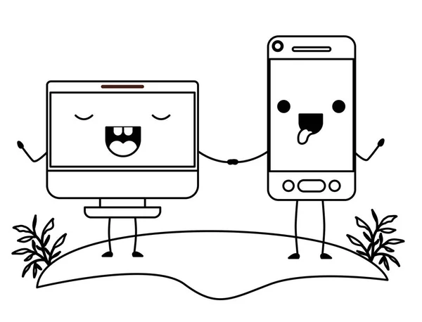 Smartphone en monitor computer kawaii karakters — Stockvector