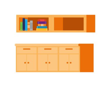 beyaz arka plan üzerinde kitap yığını ile masa ve raf