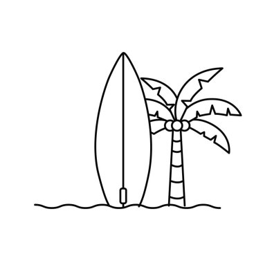 beyaz arka planda sörf tahtası ile palmiye ağacı