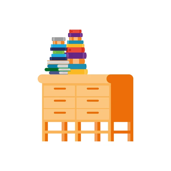 Desk with stack of books on white background — Stock Vector