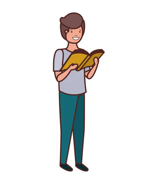 Studente ragazzo con lettura libro nelle mani — Vettoriale Stock