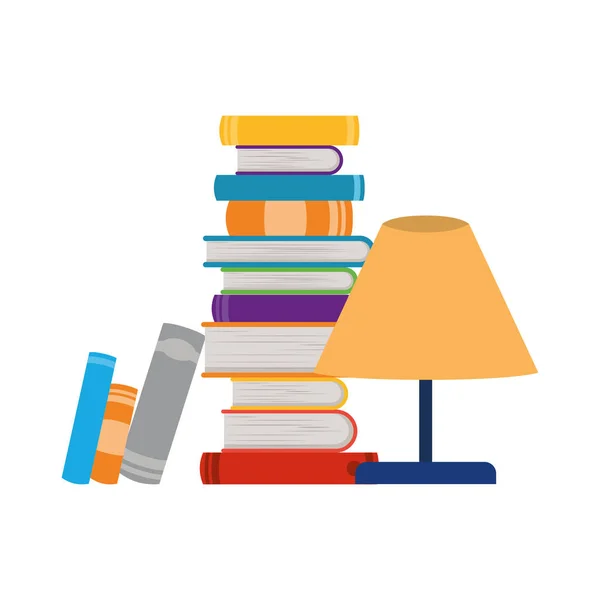 Pila de libros y lámpara sobre fondo blanco — Vector de stock