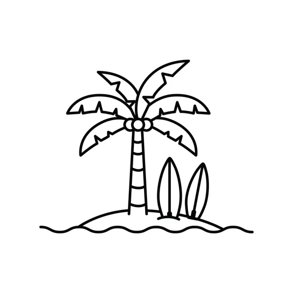 Palme mit Surfbrett auf weißem Hintergrund — Stockvektor