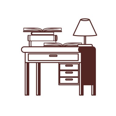 beyaz arka plan üzerinde kitap yığını ile masa silueti