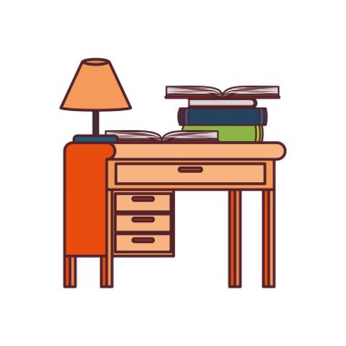 beyaz arka plan üzerinde kitap yığını ile masa