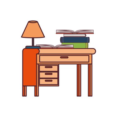 beyaz arka plan üzerinde kitap yığını ile masa