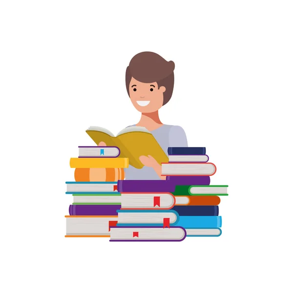 Estudiante chico con lectura libro en las manos — Vector de stock