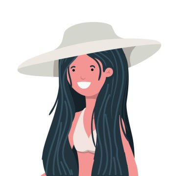 Beyaz arka planda mayosu olan genç bir kadın.