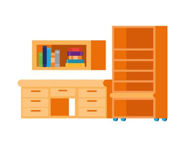 beyaz arka plan üzerinde kitap yığını ile masa ve raf