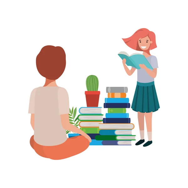 Couple d'étudiants avec livre de lecture — Image vectorielle