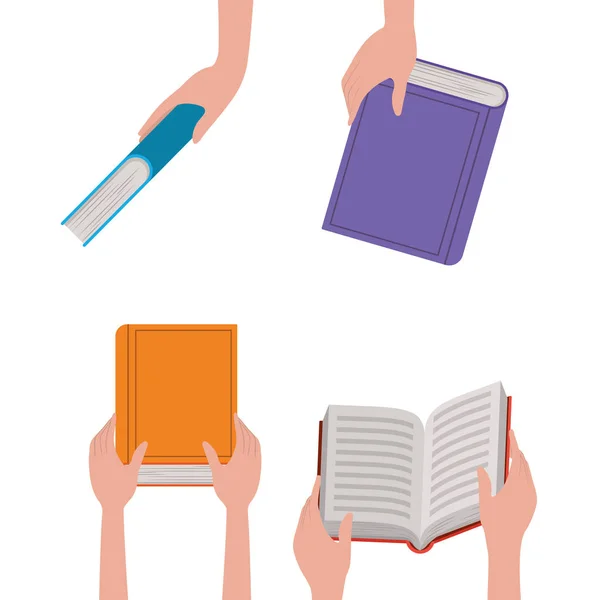 Vzor rukou s knihami v bílém pozadí — Stockový vektor