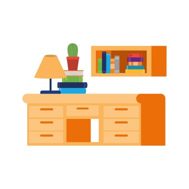 beyaz arka plan üzerinde kitap yığını ile masa ve raf