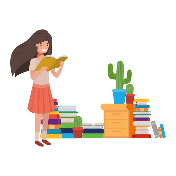 Tanuló lány olvasókönyve a kezében — Stock Vector