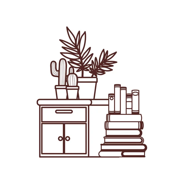Silhouette de tiroir en bois avec pile de livres — Image vectorielle