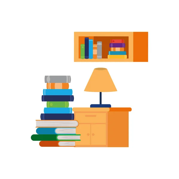 Shelving with books and wooden drawer — Stock Vector