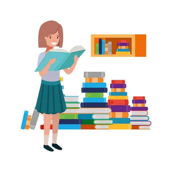 Estudante menina com livro de leitura nas mãos — Vetor de Stock