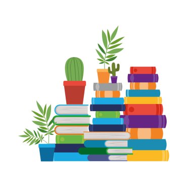 beyaz arka plan üzerinde houseplant ile kitap yığını