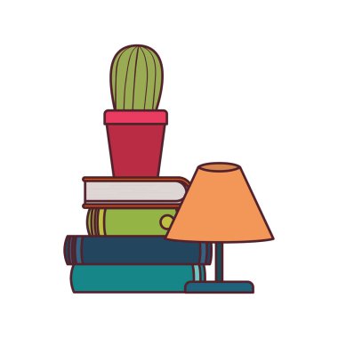 beyaz arka planda lamba ile kitap yığını