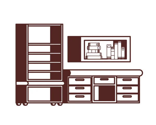 Escritorio y estanterías con pila de libros sobre fondo blanco — Vector de stock