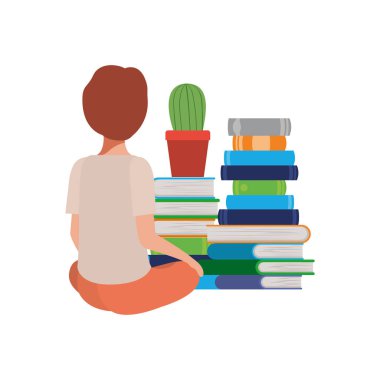 kitap yığını ile oturan adam
