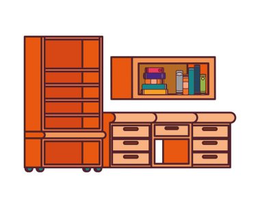 beyaz arka plan üzerinde kitap yığını ile masa ve raf