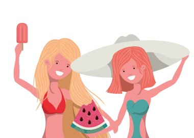 Beyaz arka planda elinde karpuz olan kadınlar.