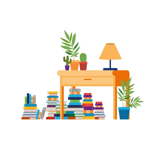 Desk with stack of books on white background — Stock Vector