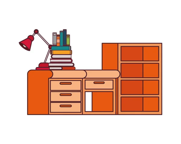 Desk and shelving with stack of books on white background — Stock Vector