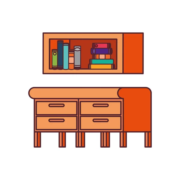 Schreibtisch und Regal mit Bücherstapel auf weißem Hintergrund — Stockvektor