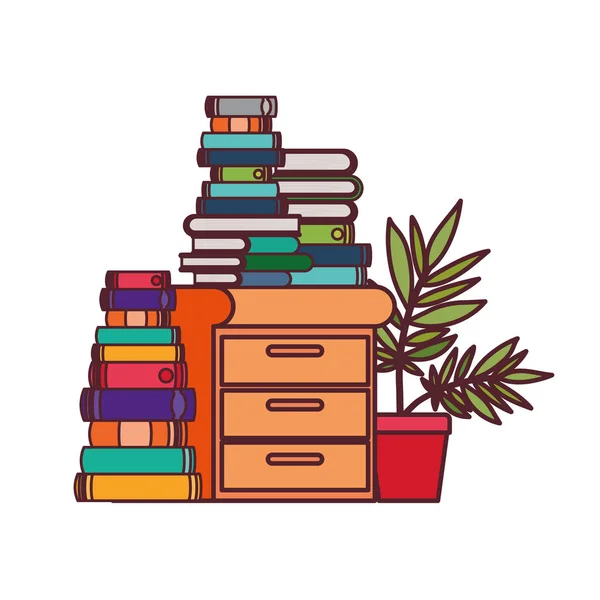 Cajón de madera con pila de libros en fondo blanco — Vector de stock