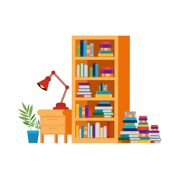 Prateleiras com livros e gaveta de madeira — Vetor de Stock