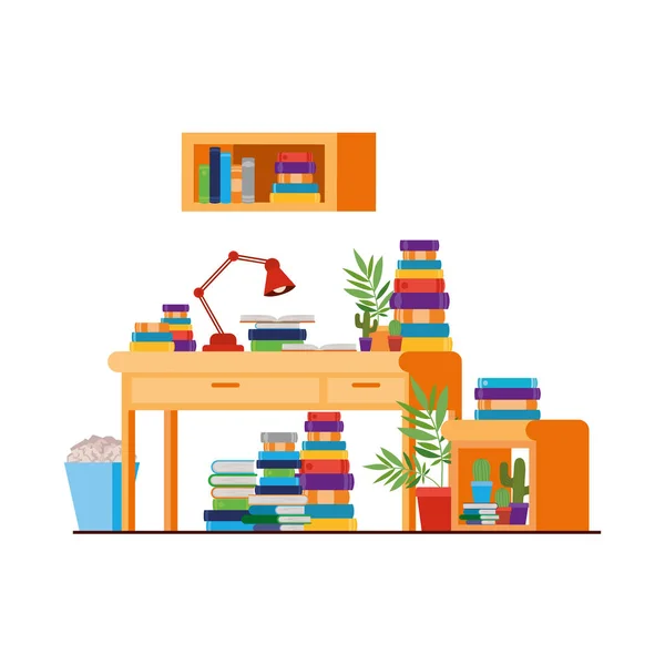 Bureau et étagères avec pile de livres sur fond blanc — Image vectorielle