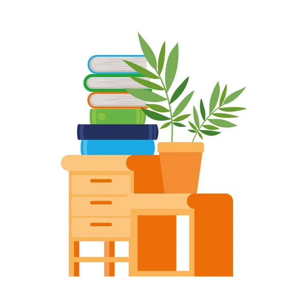 Tiroir en bois avec pile de livres en fond blanc — Image vectorielle