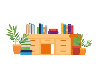 beyaz arka plan üzerinde kitap yığını ile masa