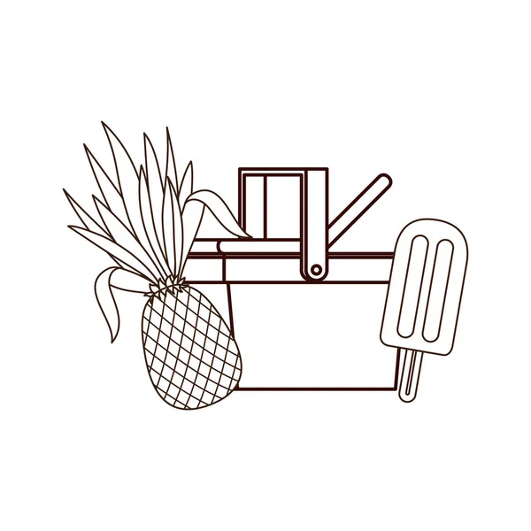 Sziluettje piknik kosár trópusi gyümölcsök — Stock Vector