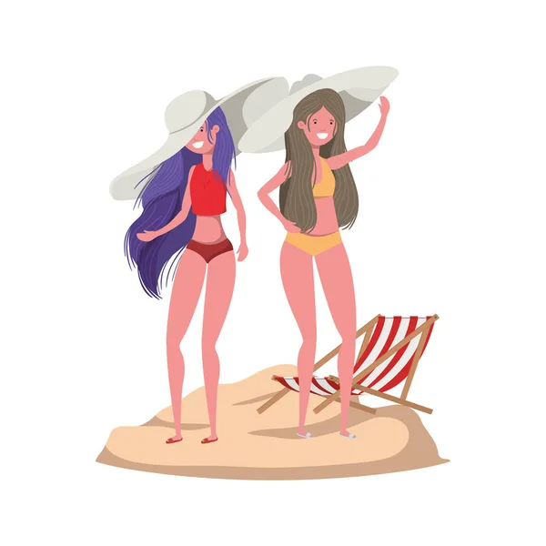 Mujeres de pie con traje de baño en la playa — Vector de stock