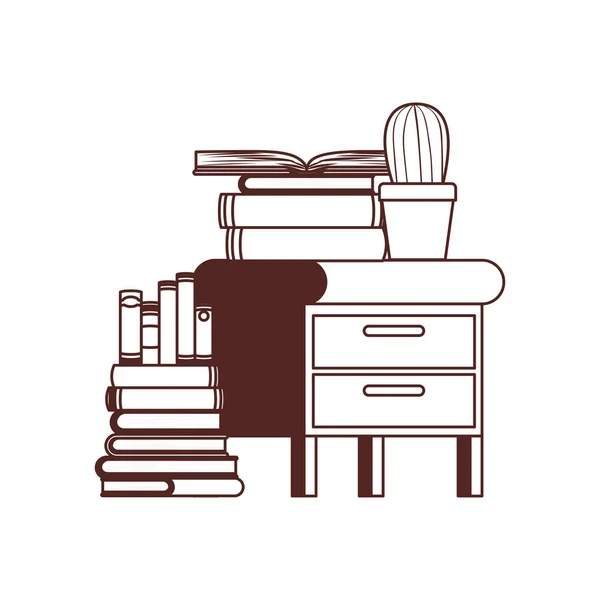 Wooden drawer with stack of books in white background — 스톡 벡터