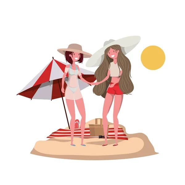 海滩上穿着泳衣和雨伞的妇女 — 图库矢量图片