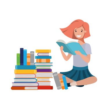 kitap yığını ile oturan kadın