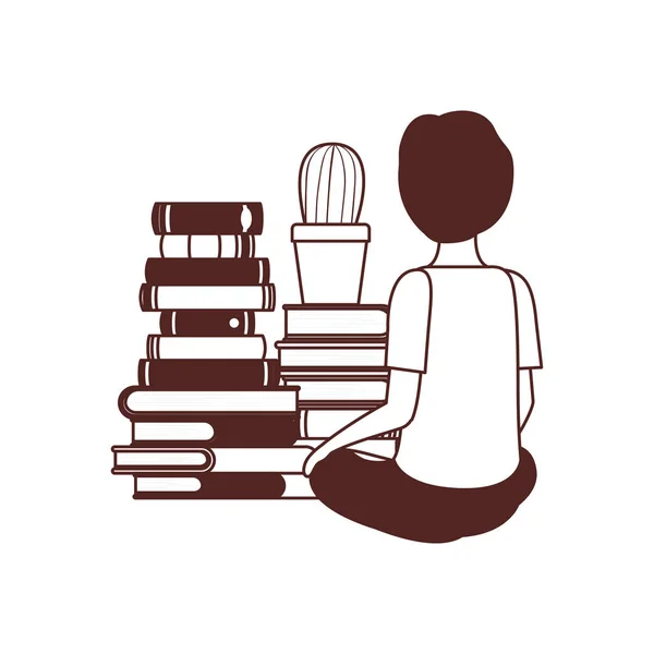 Estudiante niño sentado en su espalda con pila de libros — Vector de stock