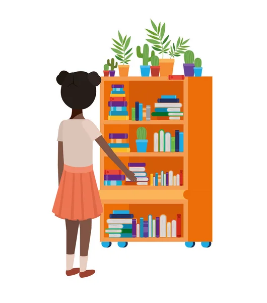 Tanuló lány állt könyvespolc — Stock Vector