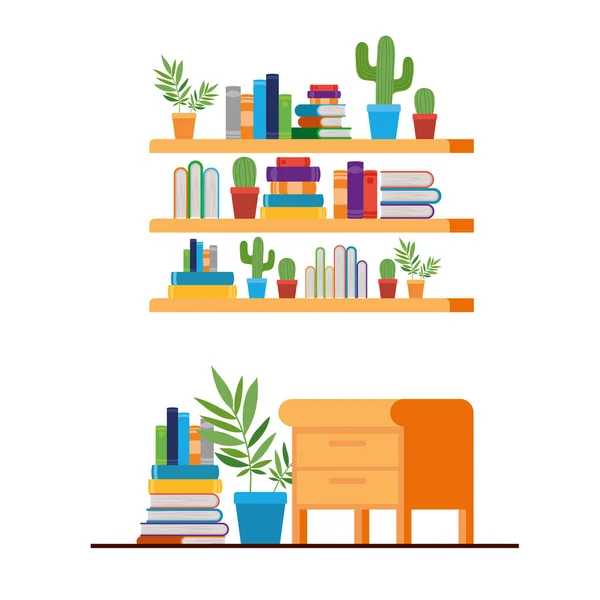 Estanterías con libros y cajón de madera — Vector de stock