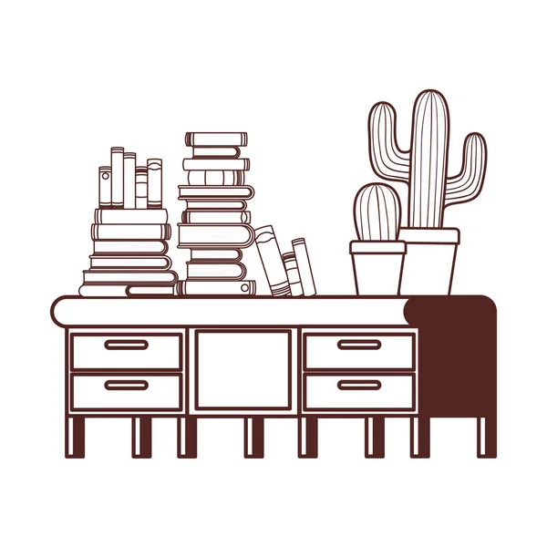 Sylwetka biurka z stos książek na białym tle — Wektor stockowy